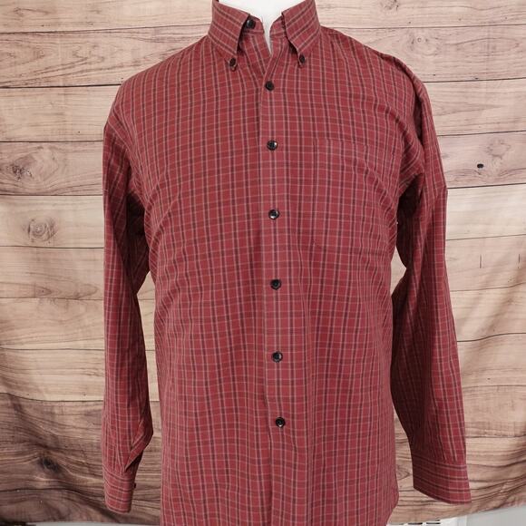 VAN HEUSEN STUDIO NO IRON RED PLAID CHECK BUTTON DOWN SHIRT MENS SIZE L 16-16.5 - Picture 3 of 6